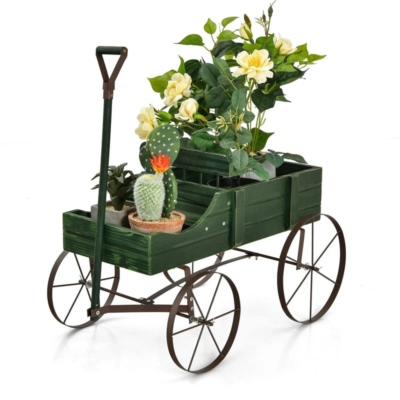 Rustic Wooden Wagon Planter, Decorative Garden Flower Cart with Metal Wheels & Adjustable Handle, Large Raised Bed Plant Stand for Patio Yard