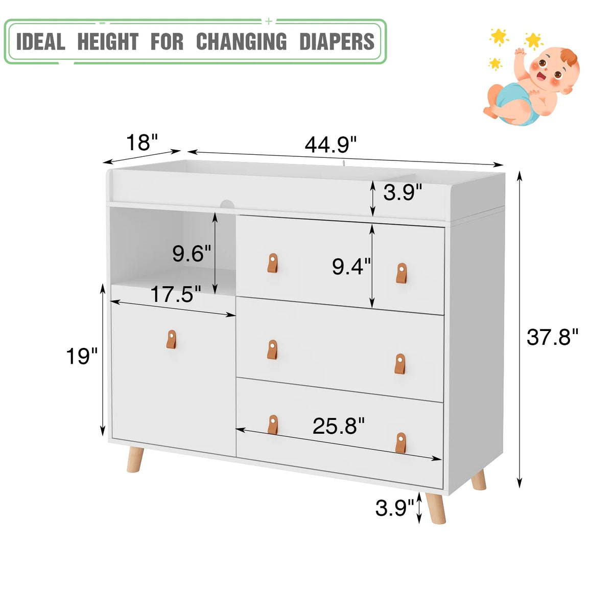 OXYLIFE 45" Baby Nursery Changing Table Dresser with 4 Drawers and Shelf for Nursery Room, White - Product image 43