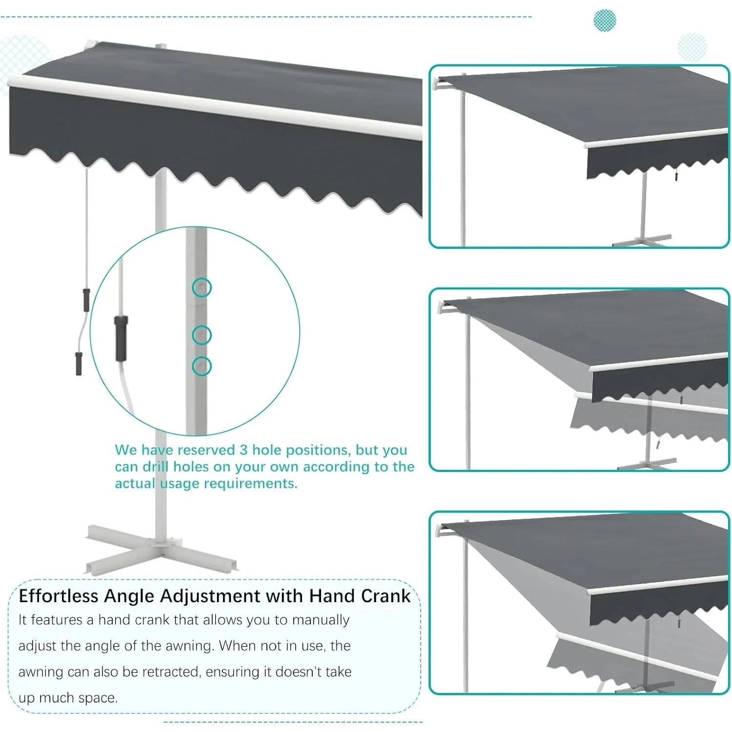 AECOJOY Free Standing Retractable Awning, 13'x10' Patio Awnings Outdoor Manual Sun Shade Shelter, Dark Grey - Product image 7