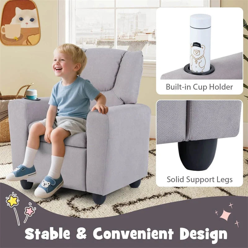 Kids Recliner Chair with Cup Holder & Side Pocket, Adjustable Toddler Lounge Sofa, Ergonomic Children Armchairs for Boys Girls Age 3+, 150lbs