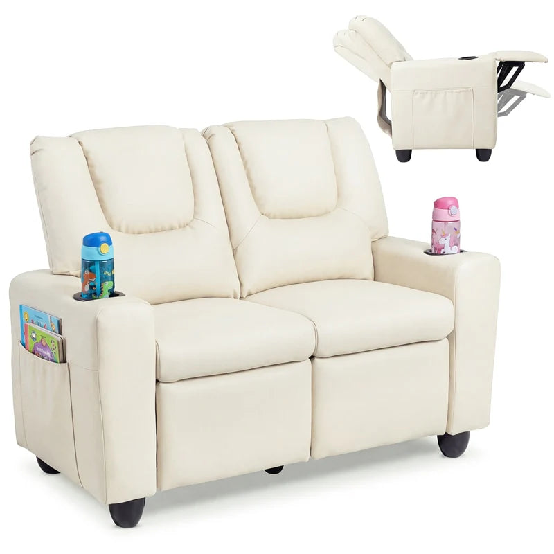 2-Seater Kids Recliner, PU Leather Reclining Loveseat with Cup Holders & 2 Side Storage Pockets - Product image 1