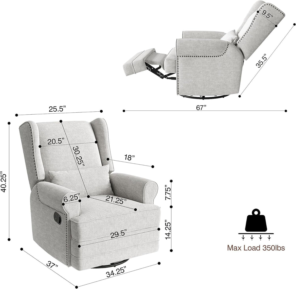 Royalcraft Swivel Nursery Glider Recliner, Comfy Upholstered Glider Chair with Lumbar Pillow and Footrest - Product image 38