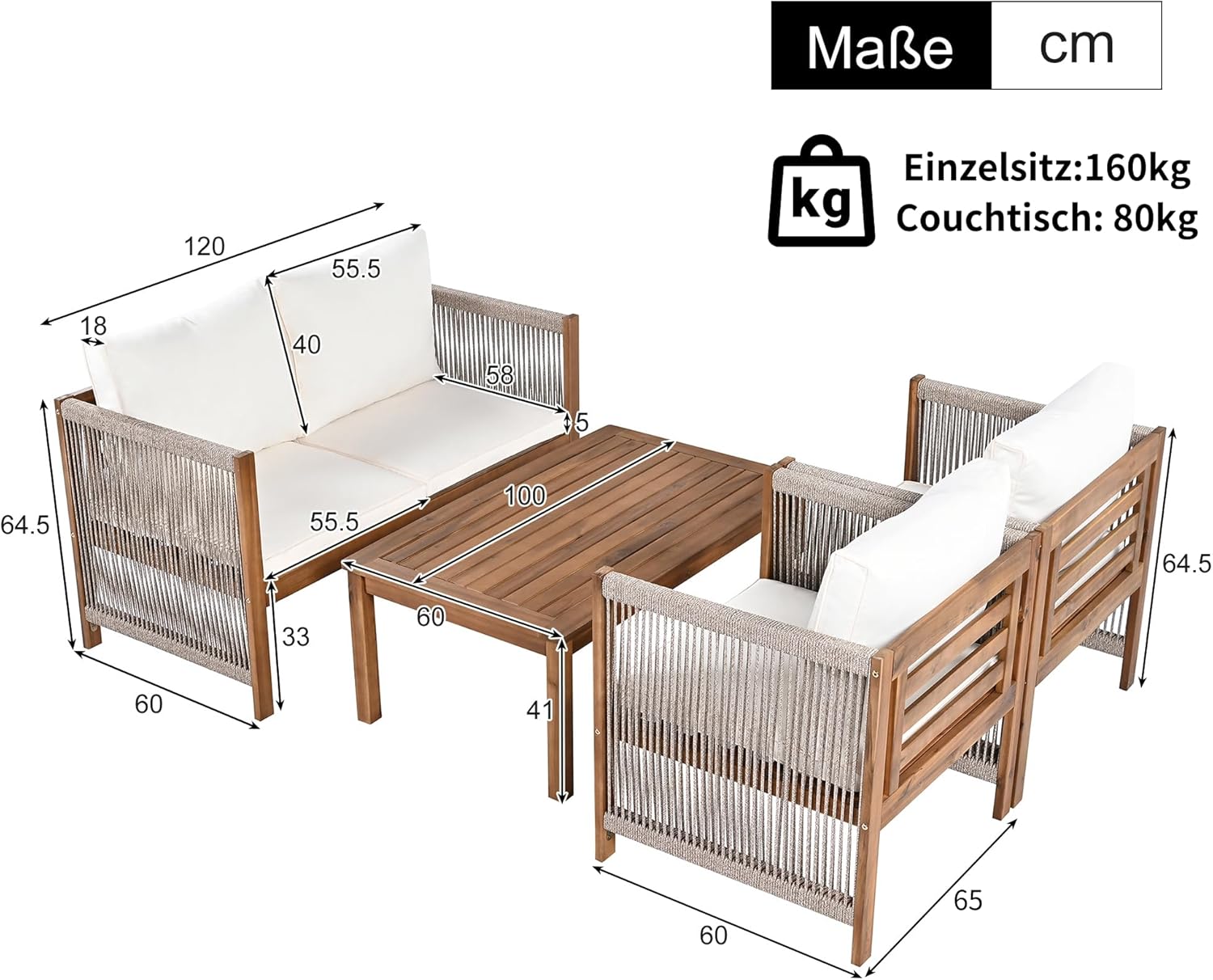 Garden furniture, garden furniture for 4 people, with sofa, coffee table and cushions, removable and washable fabric cover, black (seat cushions included)