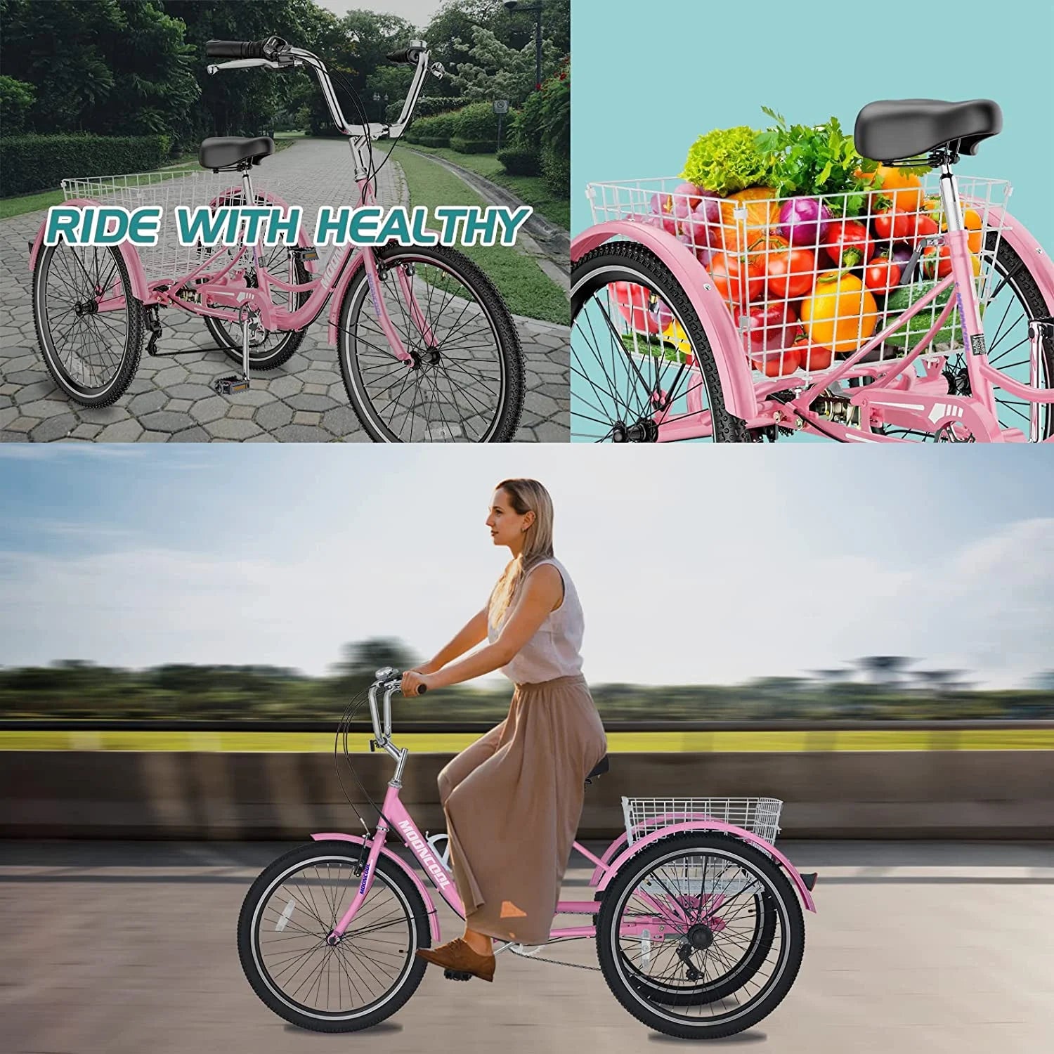 MOONCOOL Adult Tricycles with Rear Basket & Inflator, 24 26 in 7 Speed 3 Wheel Bikes, Three - Product image 139