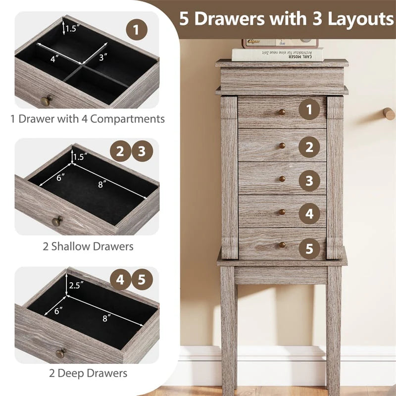 Standing Jewelry Armoire Cabinet with Flip Top Mirror, 5 Drawers & 2 Swing Doors - Product image 7