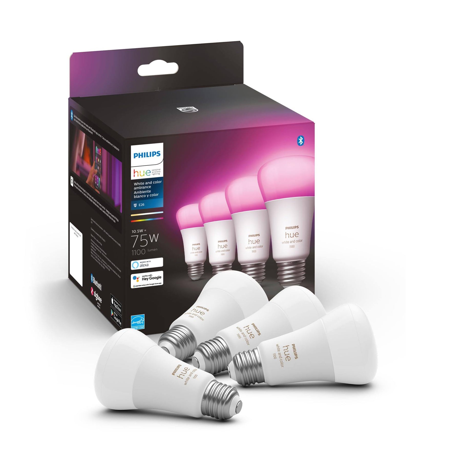 Philips Hue 75W A19 White and Color Ambiance LED Smart Color-Changing Bulb - Pack of 4 - E26, Indoor - Product image 1