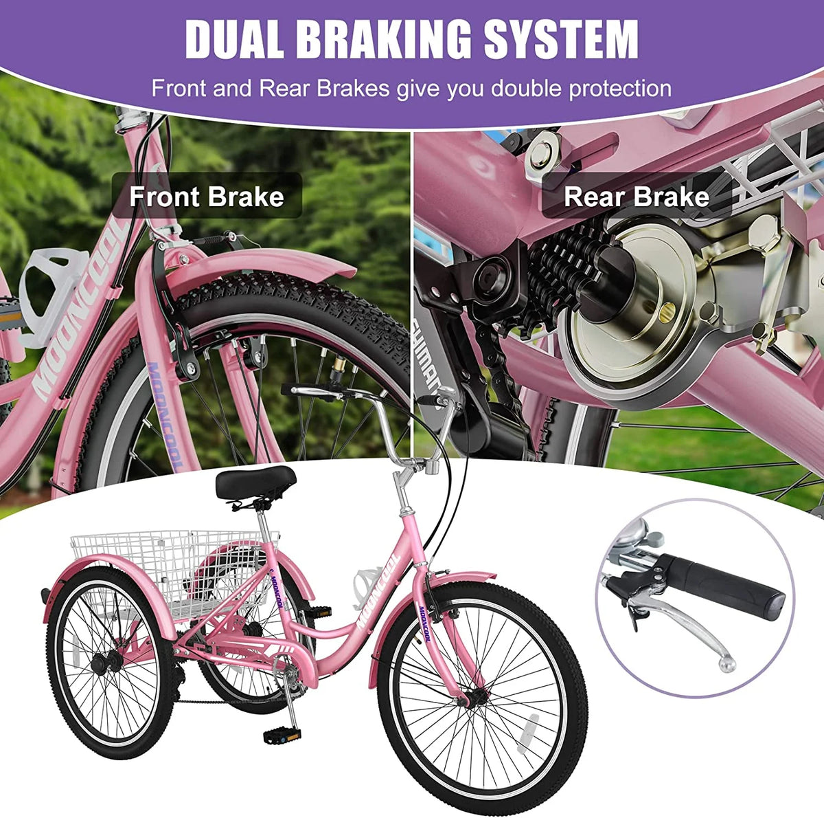 MOONCOOL Adult Tricycles with Rear Basket & Inflator, 24 26 in 7 Speed 3 Wheel Bikes, Three - Product image 115