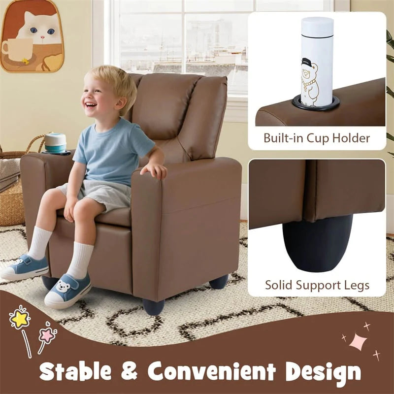 Kids Recliner Chair with Cup Holder & Side Pocket, Adjustable Toddler Lounge Sofa, Ergonomic Children Armchairs for Boys Girls Age 3+, 150lbs