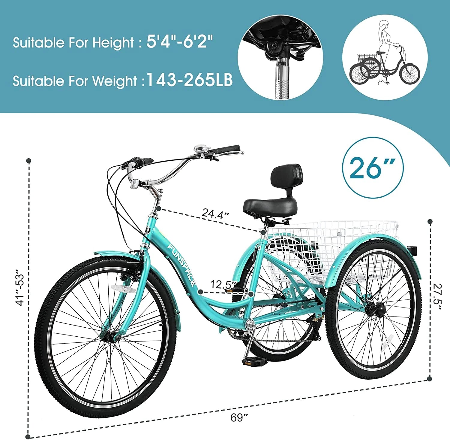 MOONCOOL Adult Tricycles with Rear Basket & Inflator, 24 26 in 7 Speed 3 Wheel Bikes, Three - Product image 148