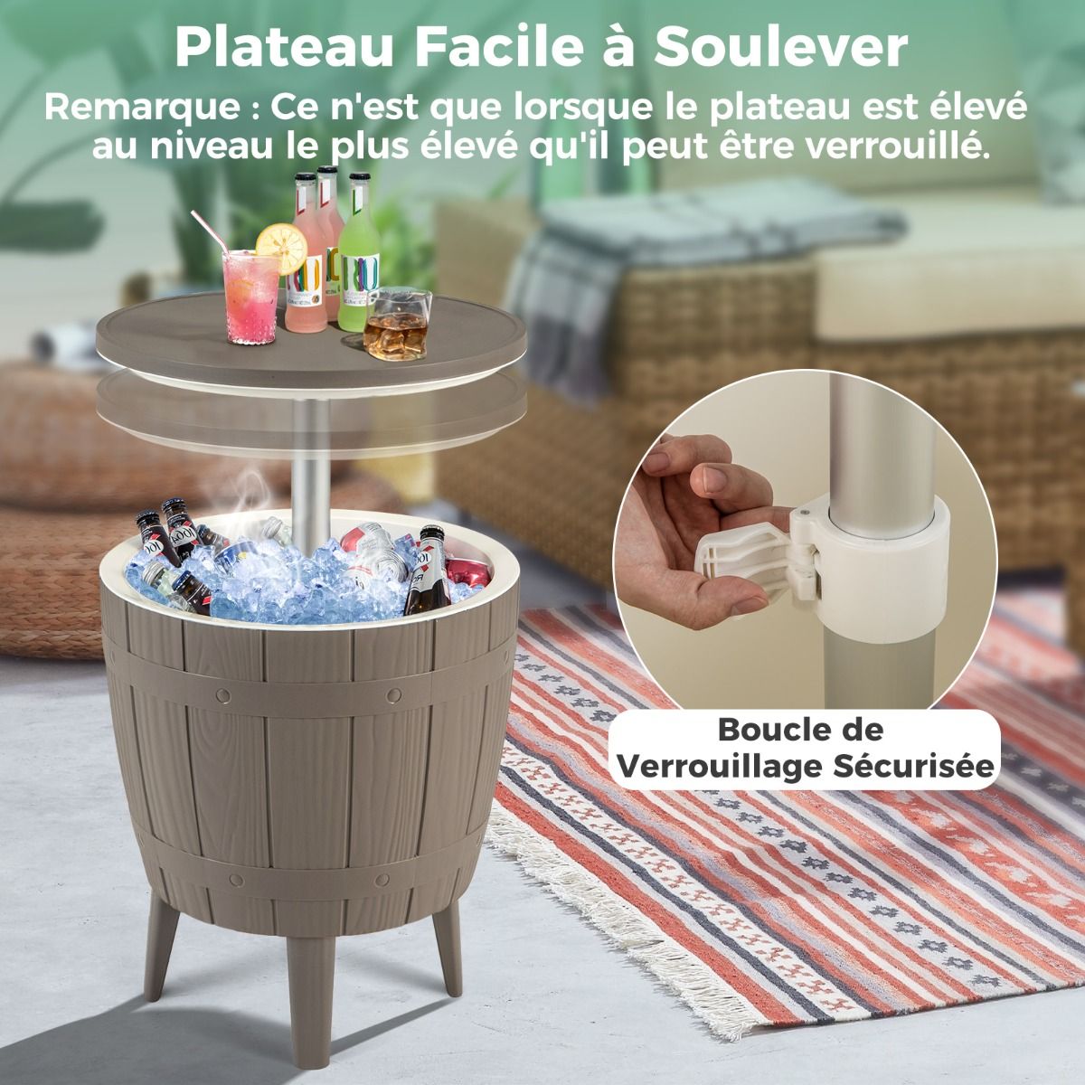 37L Cooler Table for Garden 3 in 1 with Telescopic Tray Outdoor Ice Bucket for Beer Cocktails Ø48x58/83cm Brown+White -