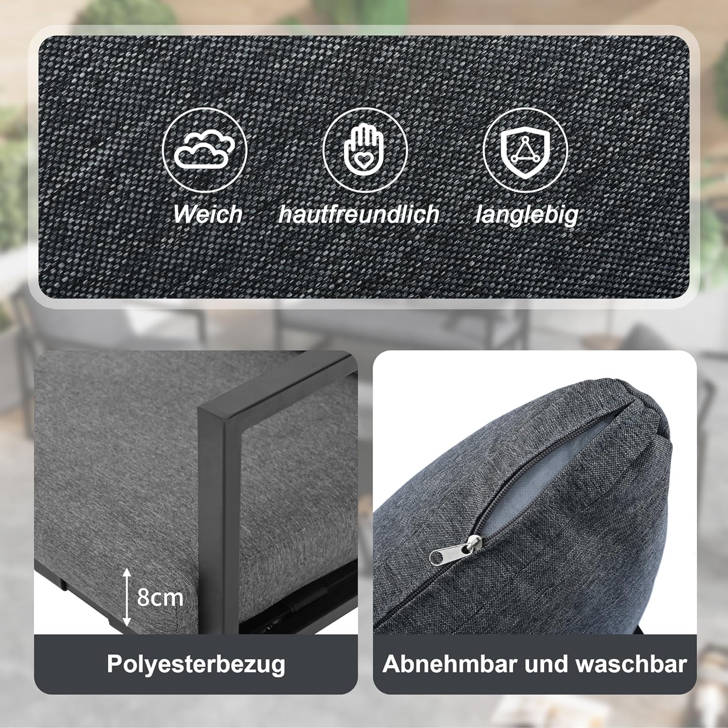 Garden furniture, garden furniture for 4 people, with sofa, coffee table and cushions, removable and washable fabric cover, black (seat cushions included)