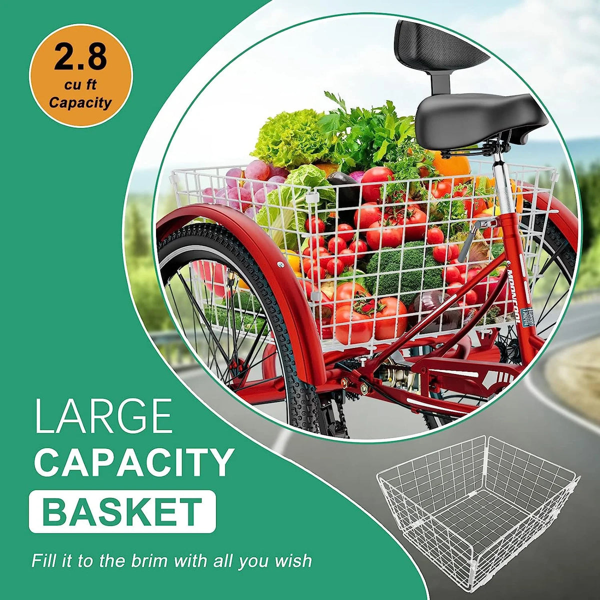 MOONCOOL Adult Tricycles with Rear Basket & Inflator, 24 26 in 7 Speed 3 Wheel Bikes, Three - Product image 26