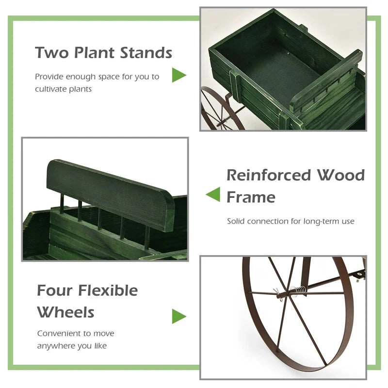 Rustic Wooden Wagon Planter, Decorative Garden Flower Cart with Metal Wheels & Adjustable Handle, Large Raised Bed Plant Stand for Patio Yard
