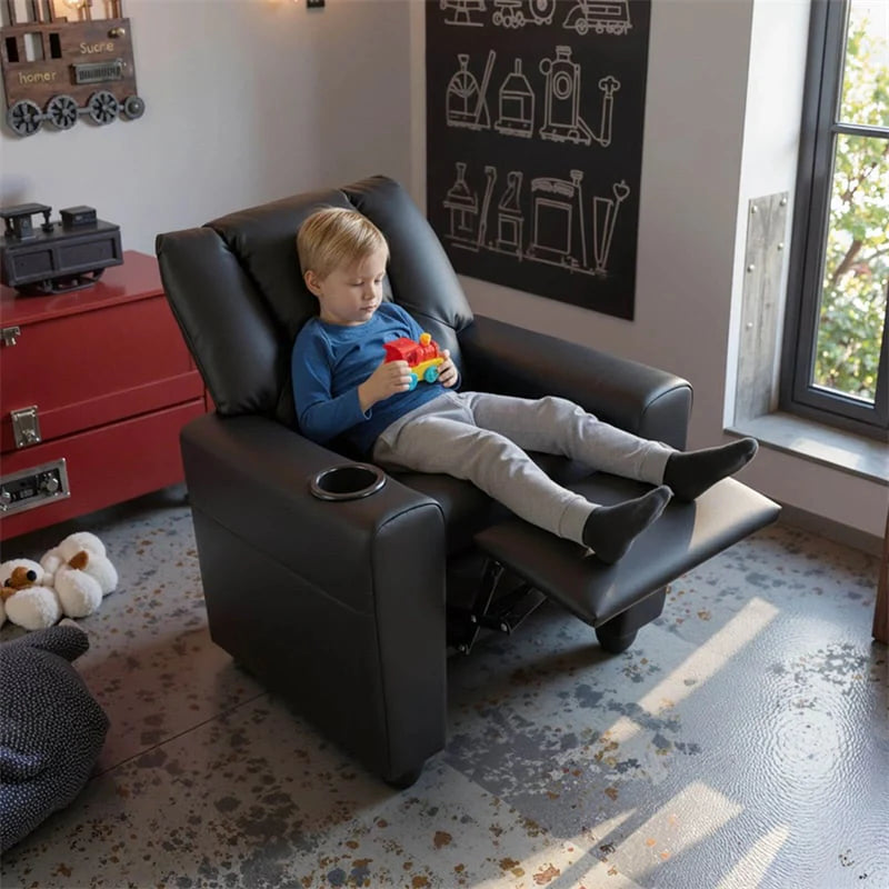 Kids Recliner Chair with Cup Holder & Side Pocket, Adjustable Toddler Lounge Sofa, Ergonomic Children Armchairs for Boys Girls Age 3+, 150lbs