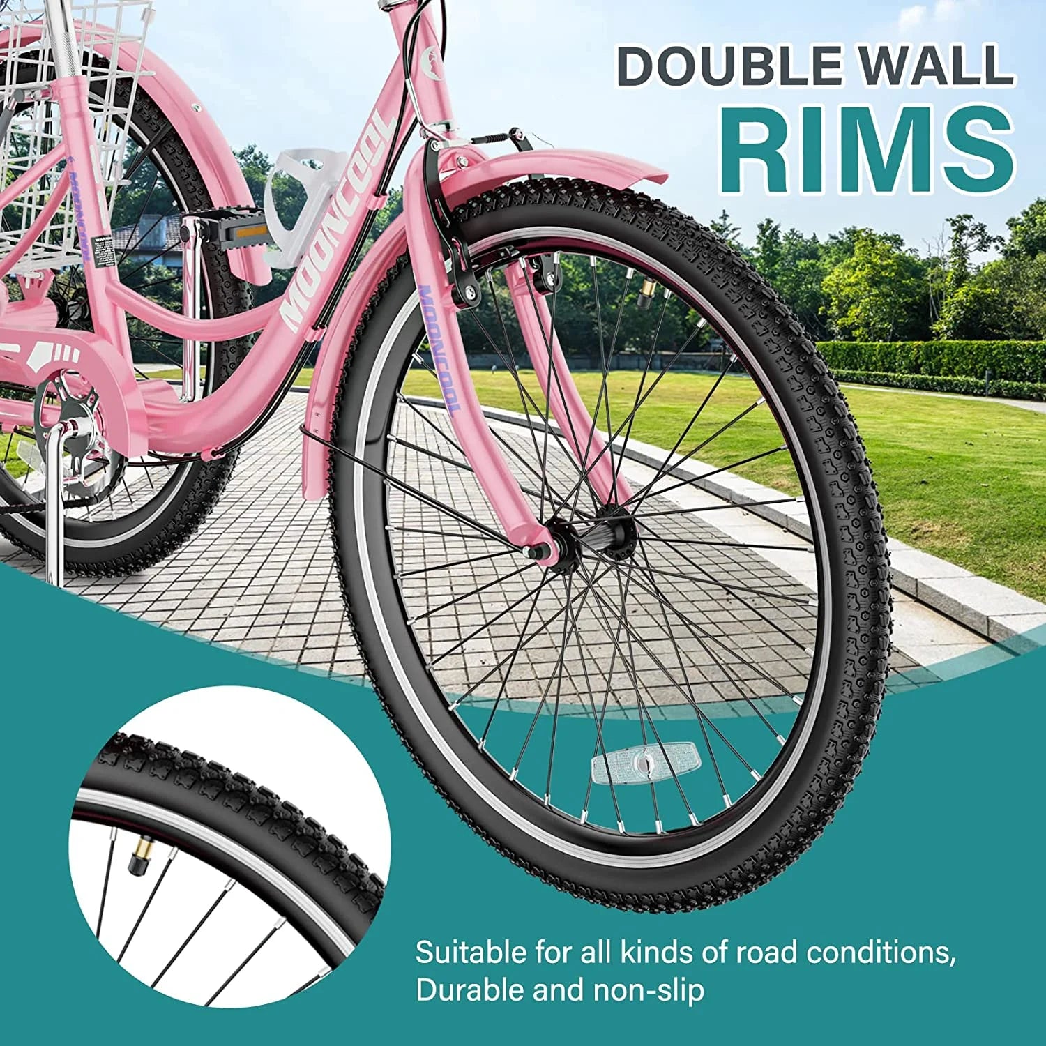 MOONCOOL Adult Tricycles with Rear Basket & Inflator, 24 26 in 7 Speed 3 Wheel Bikes, Three - Product image 137