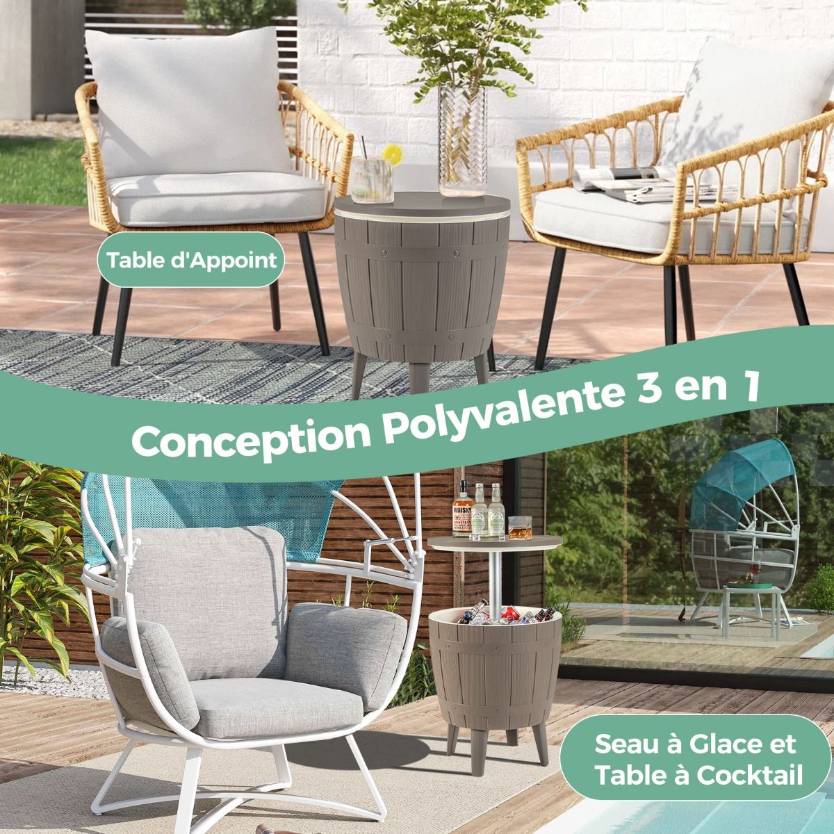 37L Cooler Table for Garden 3 in 1 with Telescopic Tray Outdoor Ice Bucket for Beer Cocktails Ø48x58/83cm Brown+White -