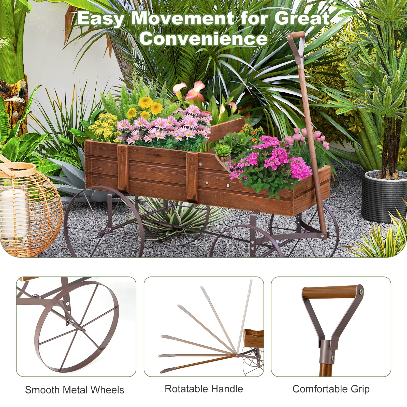 Rustic Wooden Wagon Planter, Decorative Garden Flower Cart with Metal Wheels & Adjustable Handle, Large Raised Bed Plant Stand for Patio Yard