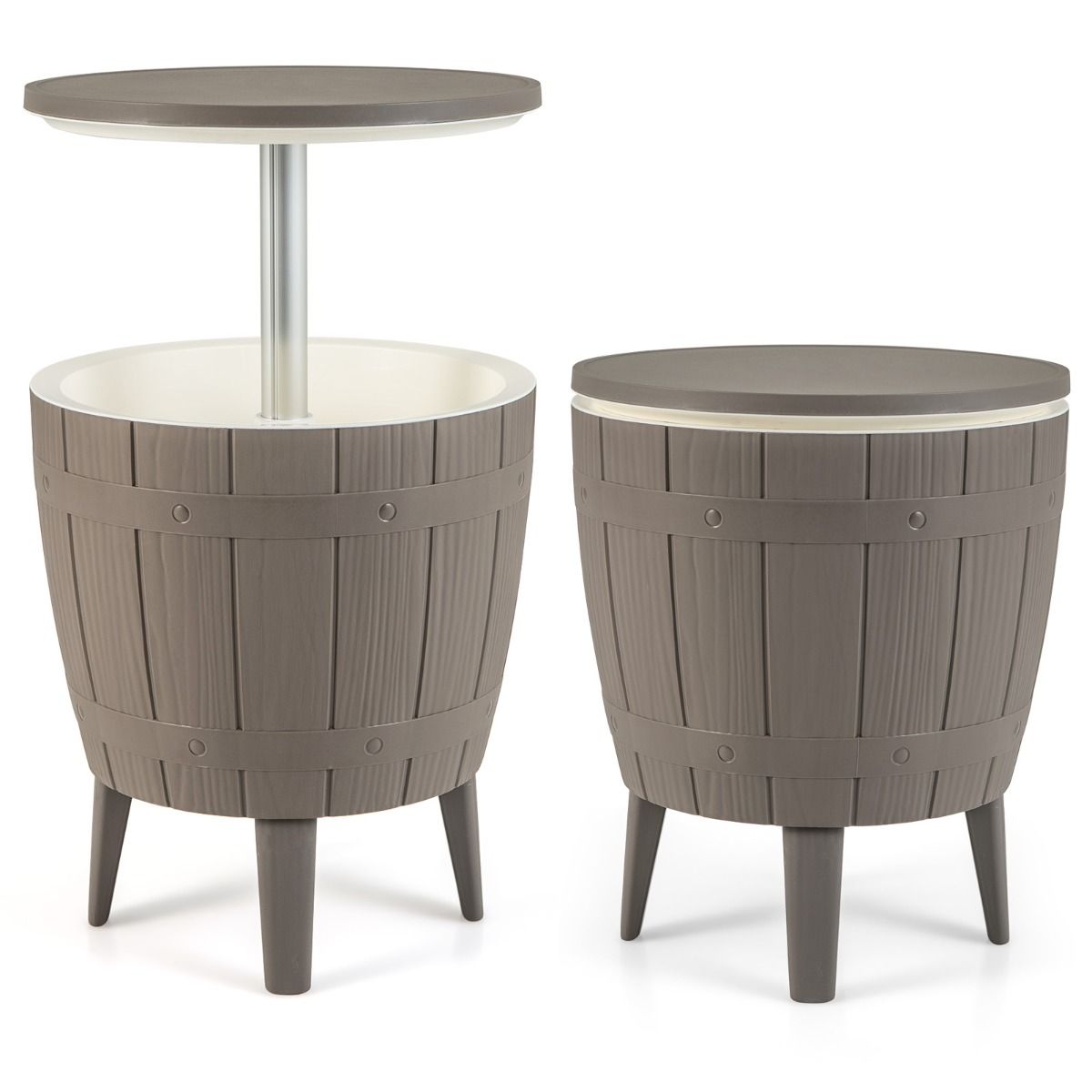 37L Cooler Table for Garden 3 in 1 with Telescopic Tray Outdoor Ice Bucket for Beer Cocktails Ø48x58/83cm Brown+White -