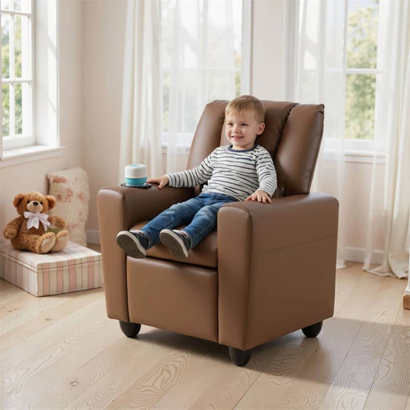 Kids Recliner Chair with Cup Holder & Side Pocket, Adjustable Toddler Lounge Sofa, Ergonomic Children Armchairs for Boys Girls Age 3+, 150lbs