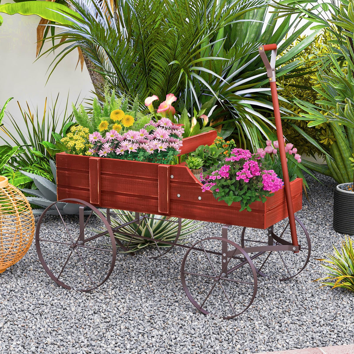 Rustic Wooden Wagon Planter, Decorative Garden Flower Cart with Metal Wheels & Adjustable Handle, Large Raised Bed Plant Stand for Patio Yard