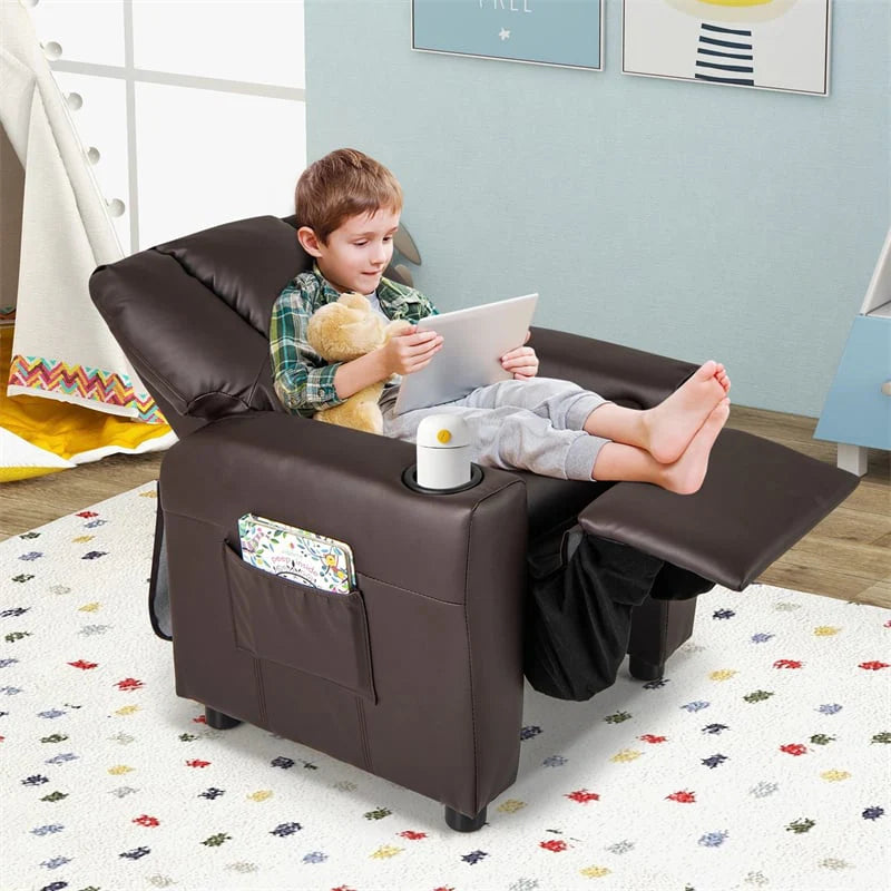 Kids Recliner Chair with Cup Holder & Side Pocket, Adjustable Toddler Lounge Sofa, Ergonomic Children Armchairs for Boys Girls Age 3+, 150lbs