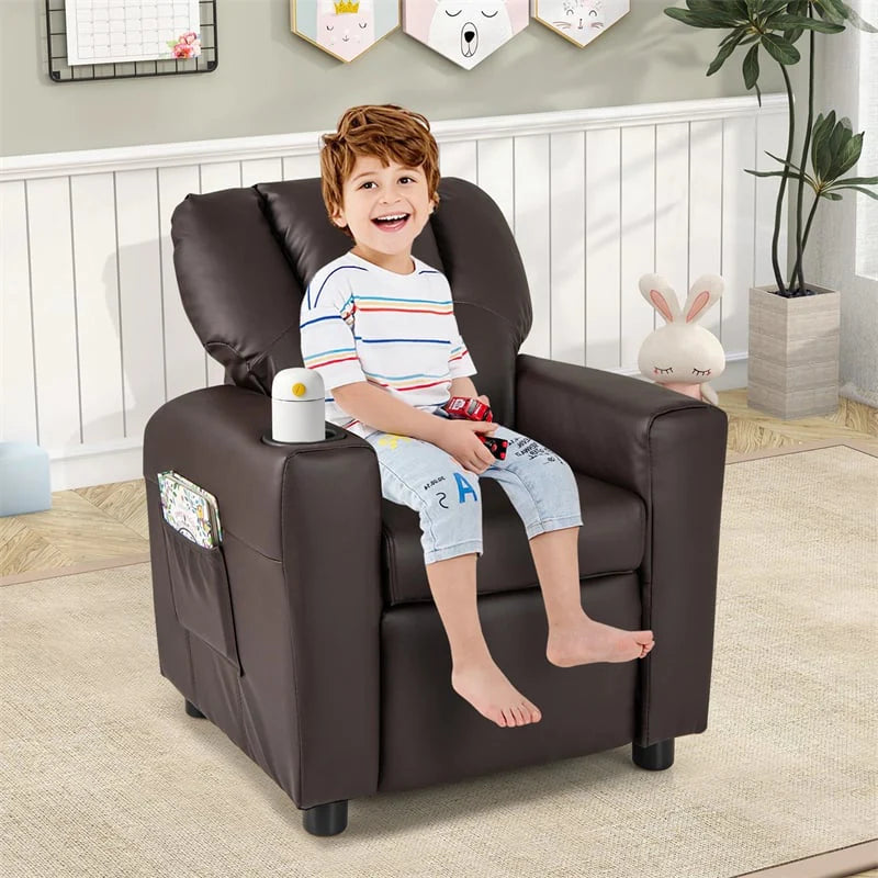 Kids Recliner Chair with Cup Holder & Side Pocket, Adjustable Toddler Lounge Sofa, Ergonomic Children Armchairs for Boys Girls Age 3+, 150lbs