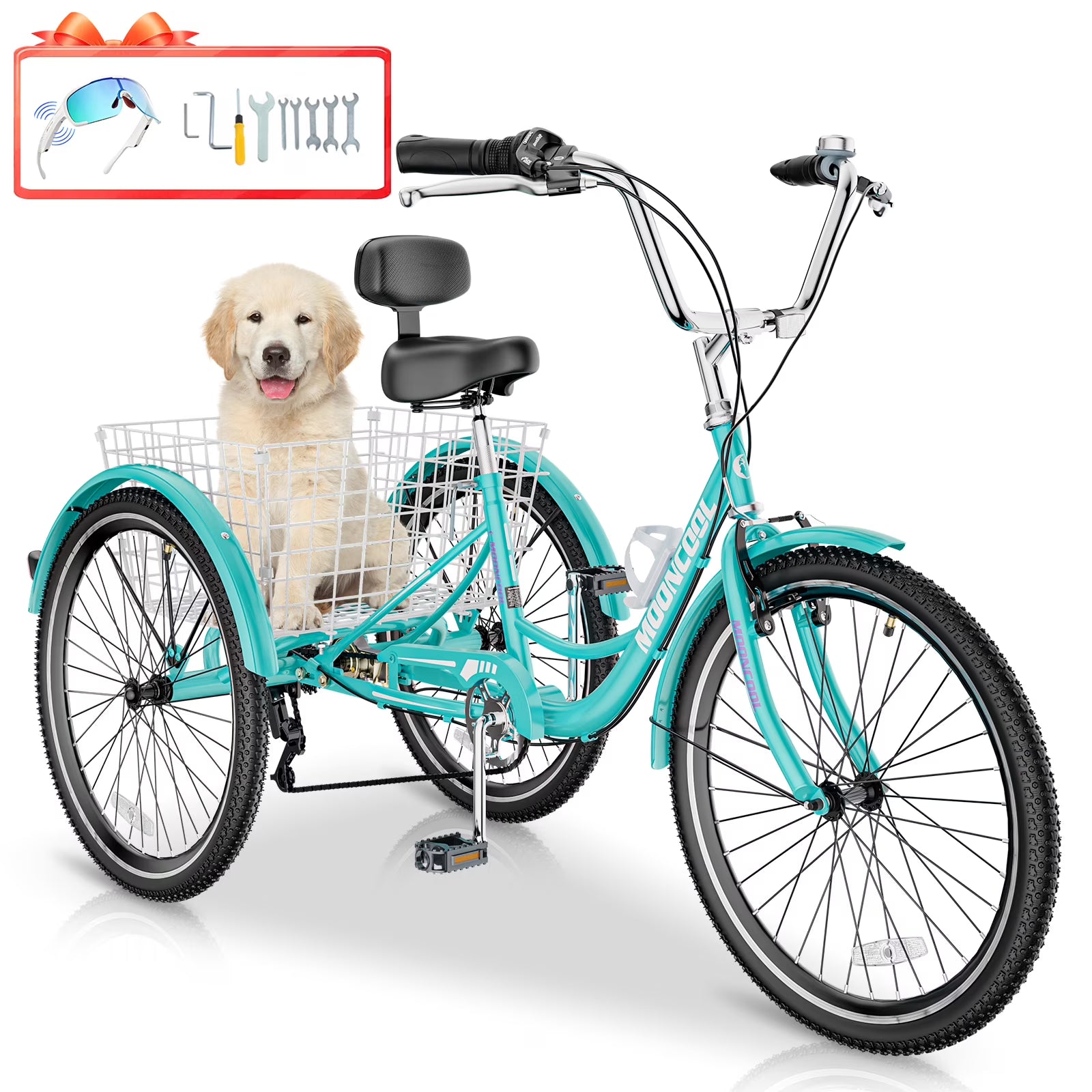MOONCOOL Adult Tricycles with Rear Basket & Inflator, 24 26 in 7 Speed 3 Wheel Bikes, Three - Product image 1