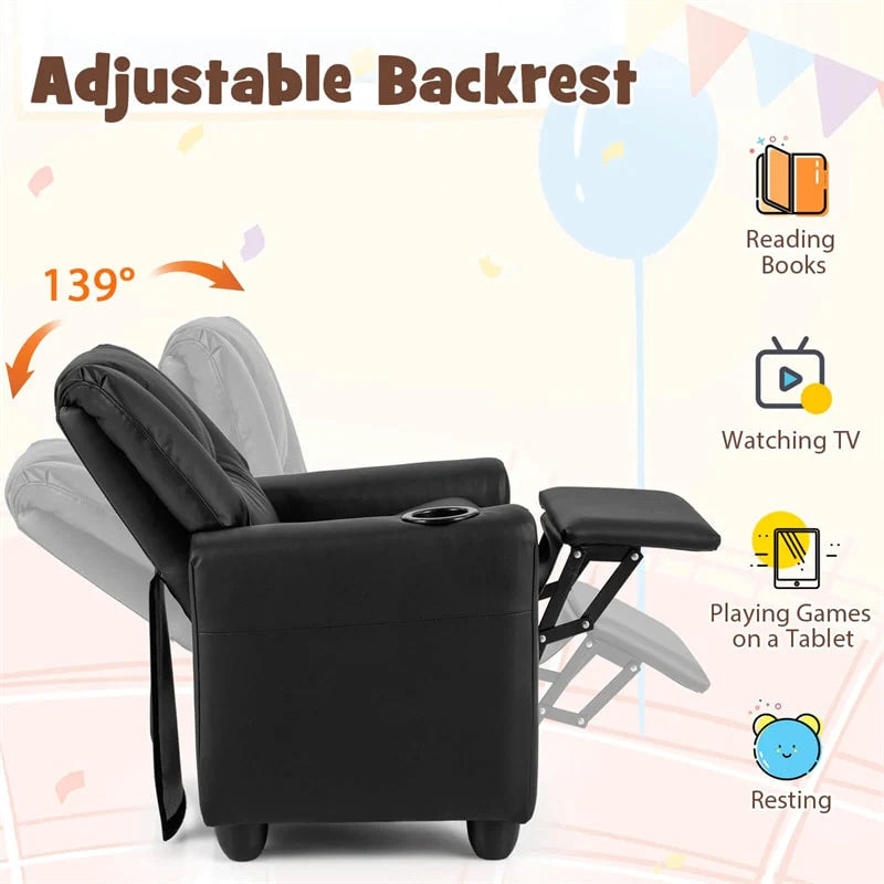 Kids Recliner Chair with Cup Holder & Side Pocket, Adjustable Toddler Lounge Sofa, Ergonomic Children Armchairs for Boys Girls Age 3+, 150lbs