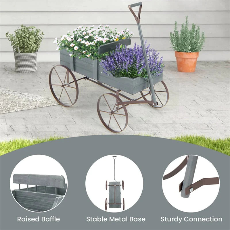 Rustic Wooden Wagon Planter, Decorative Garden Flower Cart with Metal Wheels & Adjustable Handle, Large Raised Bed Plant Stand for Patio Yard