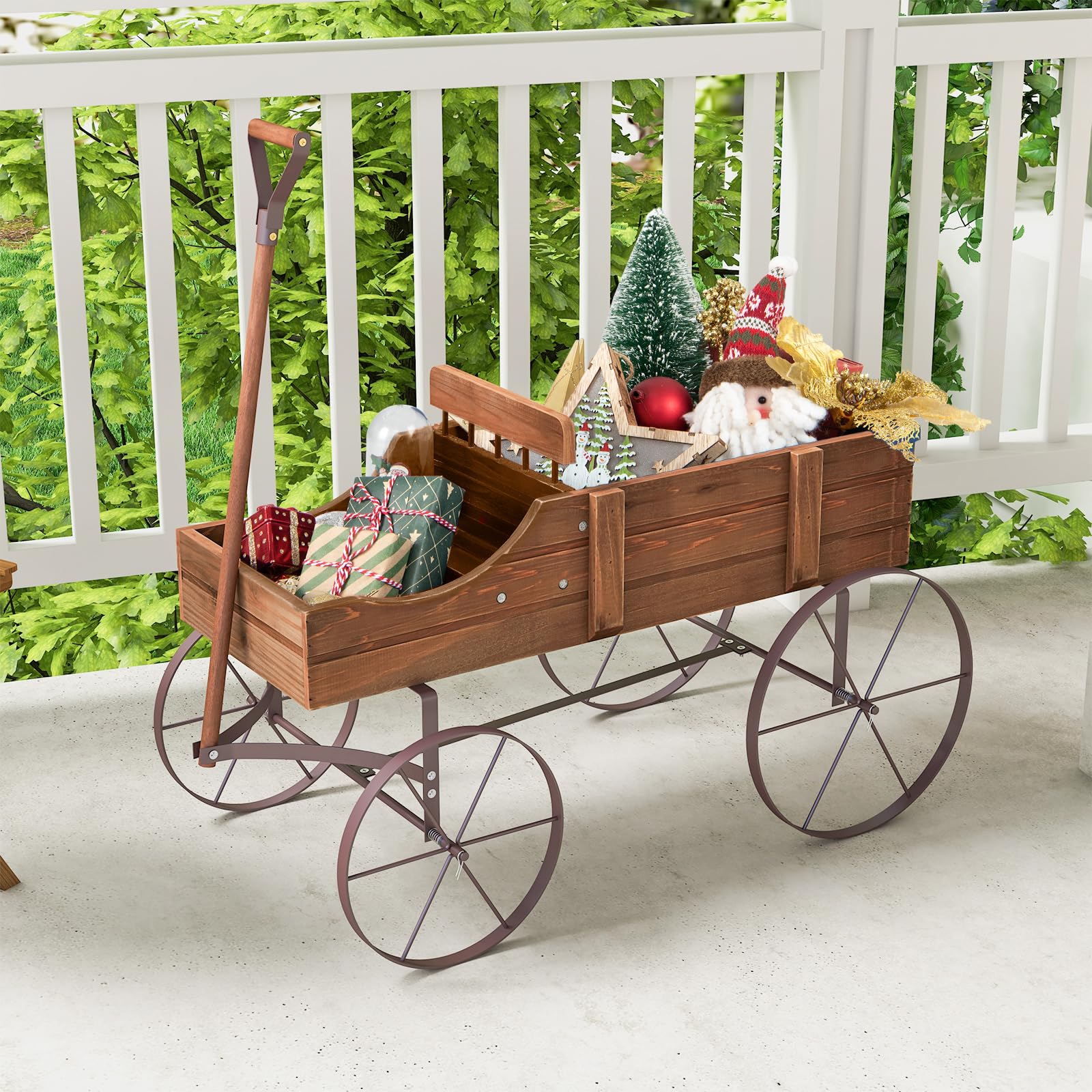 Rustic Wooden Wagon Planter, Decorative Garden Flower Cart with Metal Wheels & Adjustable Handle, Large Raised Bed Plant Stand for Patio Yard