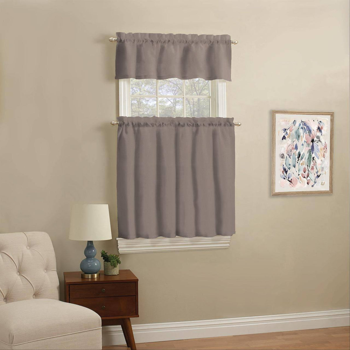 Mainstays Solid Small Window Tier and Valance Set Taupe - Product image 1
