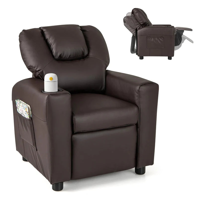 Kids Recliner Chair with Cup Holder & Side Pocket, Adjustable Toddler Lounge Sofa, Ergonomic Children Armchairs for Boys Girls Age 3+, 150lbs