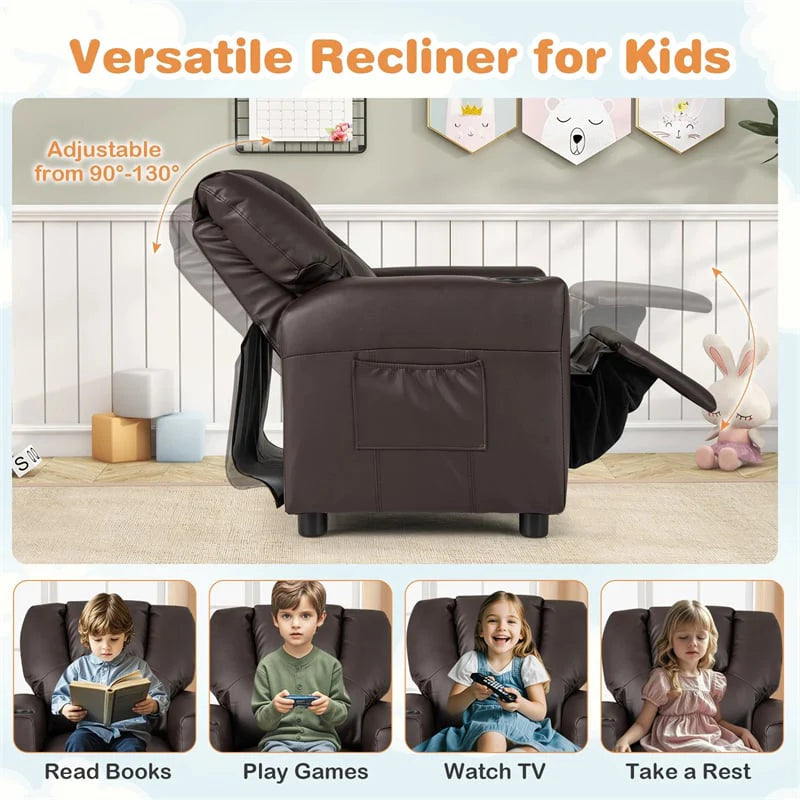 Kids Recliner Chair with Cup Holder & Side Pocket, Adjustable Toddler Lounge Sofa, Ergonomic Children Armchairs for Boys Girls Age 3+, 150lbs