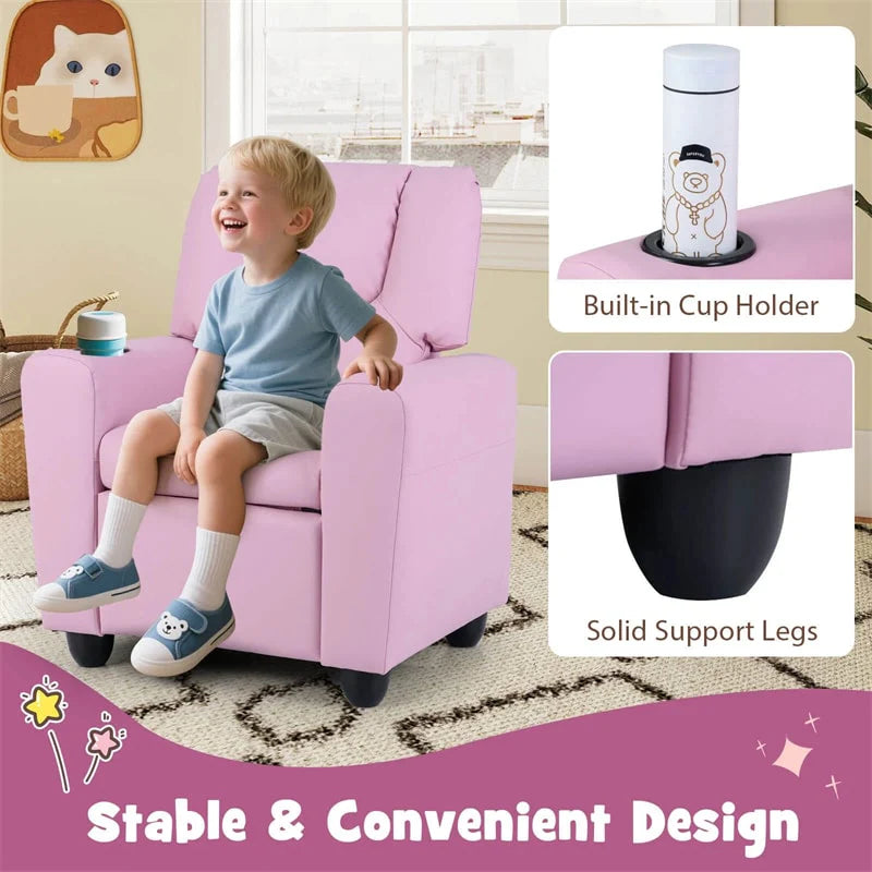 Kids Recliner Chair with Cup Holder & Side Pocket, Adjustable Toddler Lounge Sofa, Ergonomic Children Armchairs for Boys Girls Age 3+, 150lbs