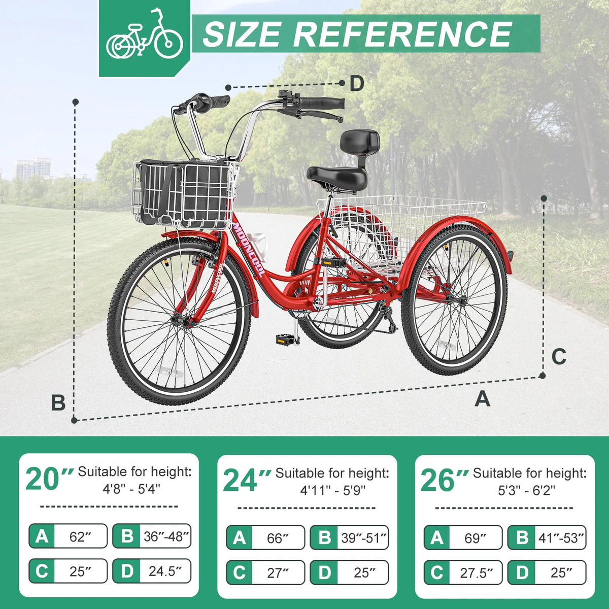 MOONCOOL Adult Tricycles with Rear Basket & Inflator, 24 26 in 7 Speed 3 Wheel Bikes, Three - Product image 165