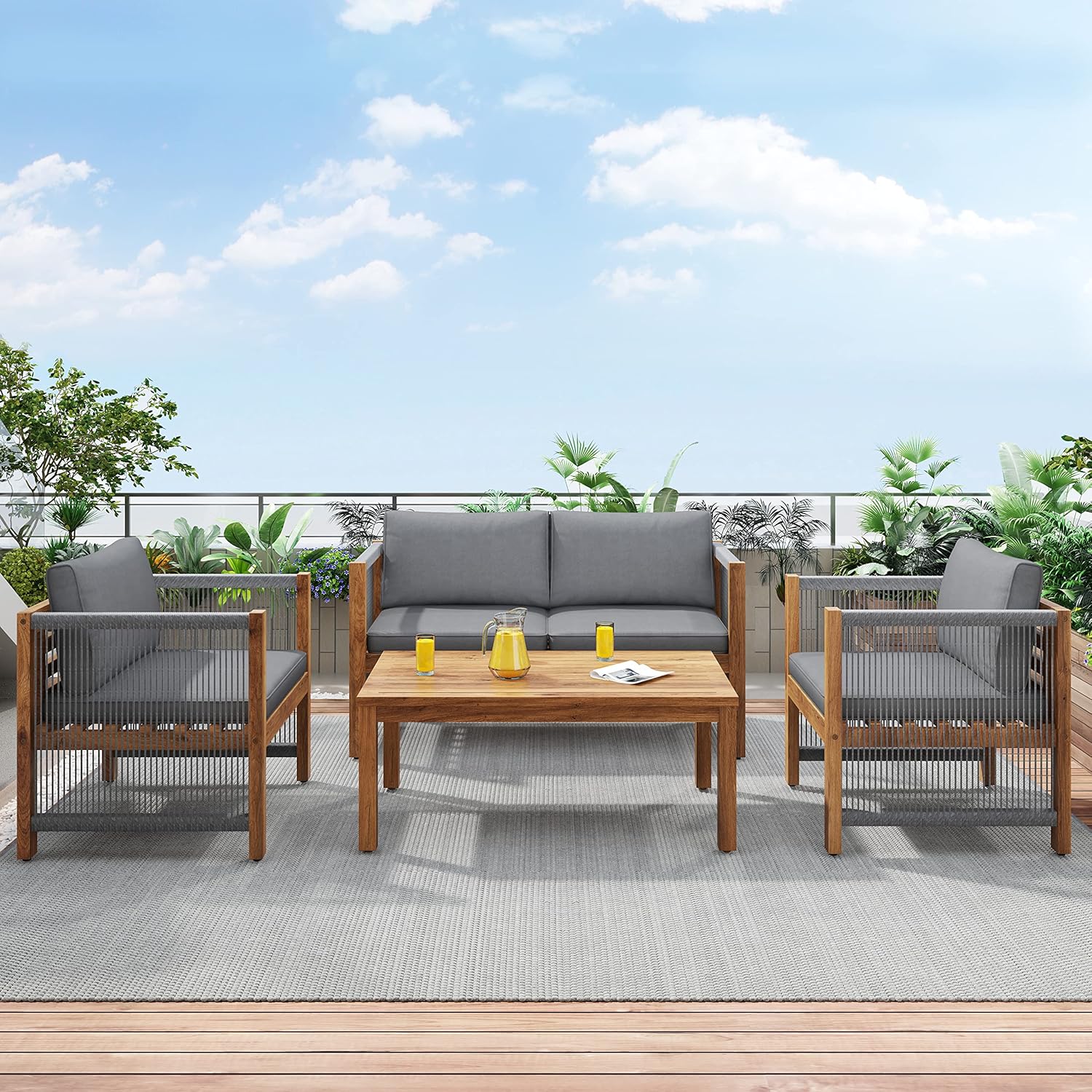 Garden furniture, garden furniture for 4 people, with sofa, coffee table and cushions, removable and washable fabric cover, black (seat cushions included)
