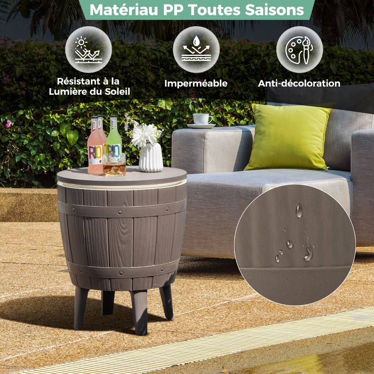 37L Cooler Table for Garden 3 in 1 with Telescopic Tray Outdoor Ice Bucket for Beer Cocktails Ø48x58/83cm Brown+White -