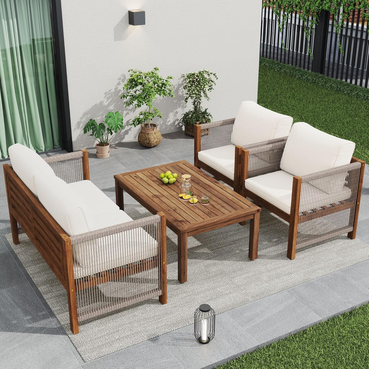 Garden furniture, garden furniture for 4 people, with sofa, coffee table and cushions, removable and washable fabric cover, black (seat cushions included)