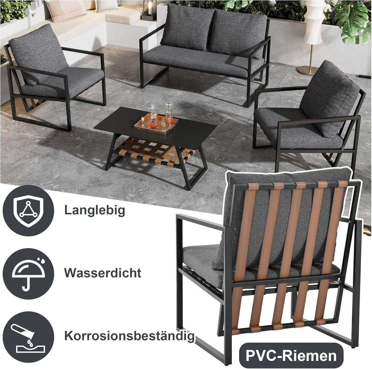 Garden furniture, garden furniture for 4 people, with sofa, coffee table and cushions, removable and washable fabric cover, black (seat cushions included)