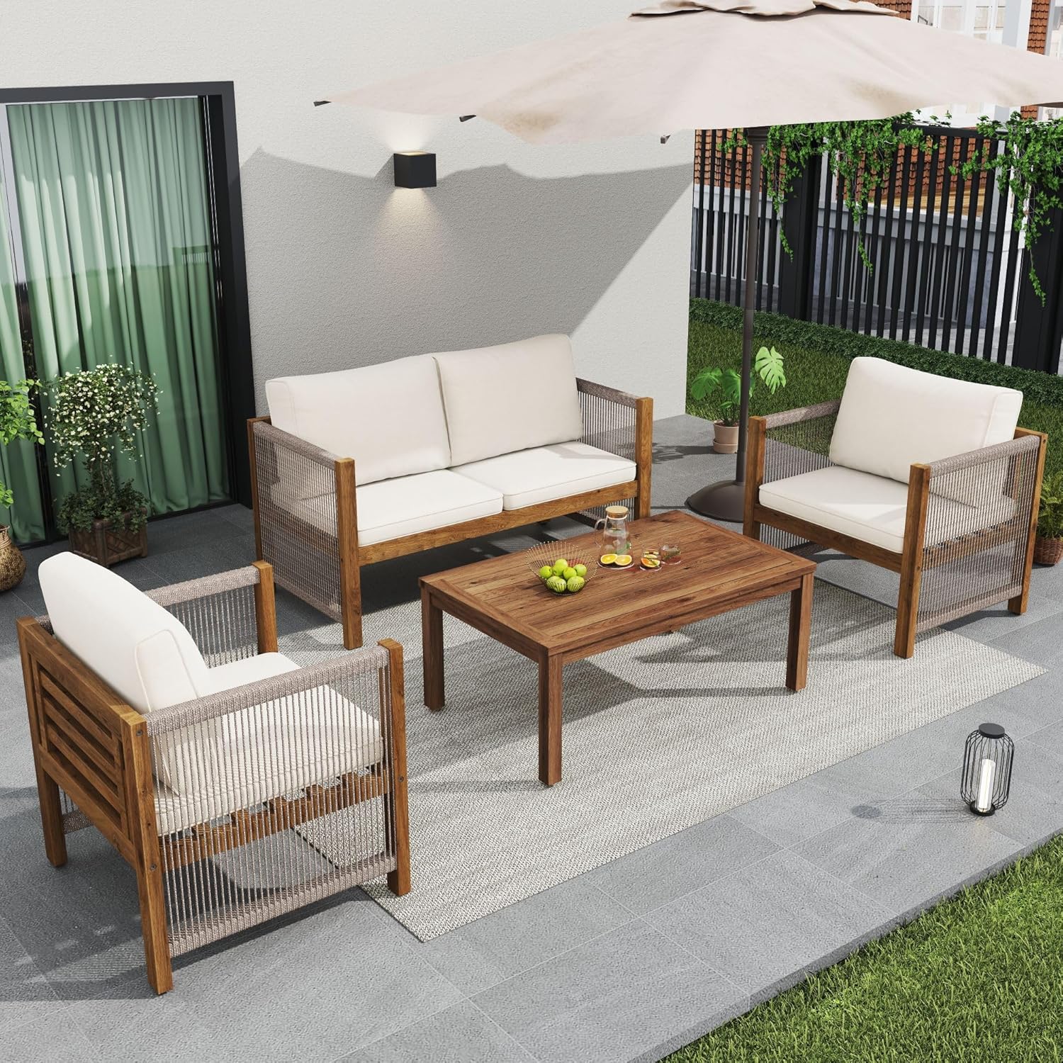 Garden furniture, garden furniture for 4 people, with sofa, coffee table and cushions, removable and washable fabric cover, black (seat cushions included)