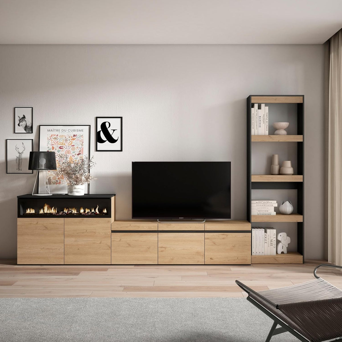 Skraut Home | TV Stand Set | Complete Living Room Furniture | 310x186x35cm | for TVs up to 65" | Electric fireplace | Modern Style | Oak and Black