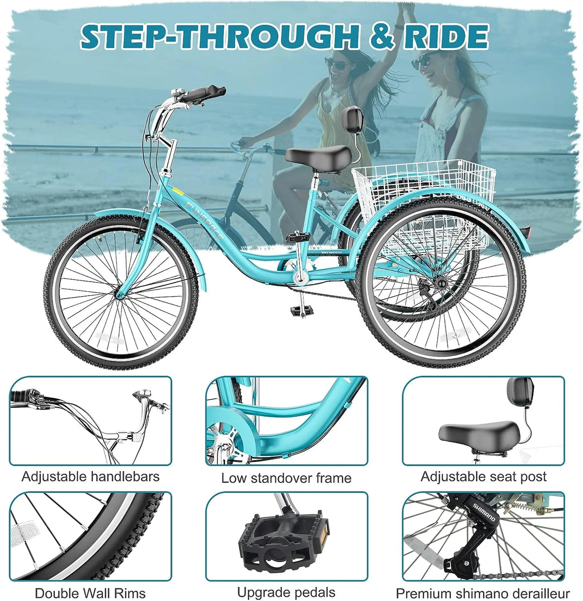 MOONCOOL Adult Tricycles with Rear Basket & Inflator, 24 26 in 7 Speed 3 Wheel Bikes, Three - Product image 142