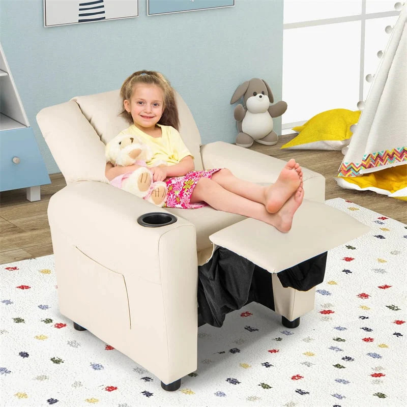 Kids Recliner Chair with Cup Holder & Side Pocket, Adjustable Toddler Lounge Sofa, Ergonomic Children Armchairs for Boys Girls Age 3+, 150lbs