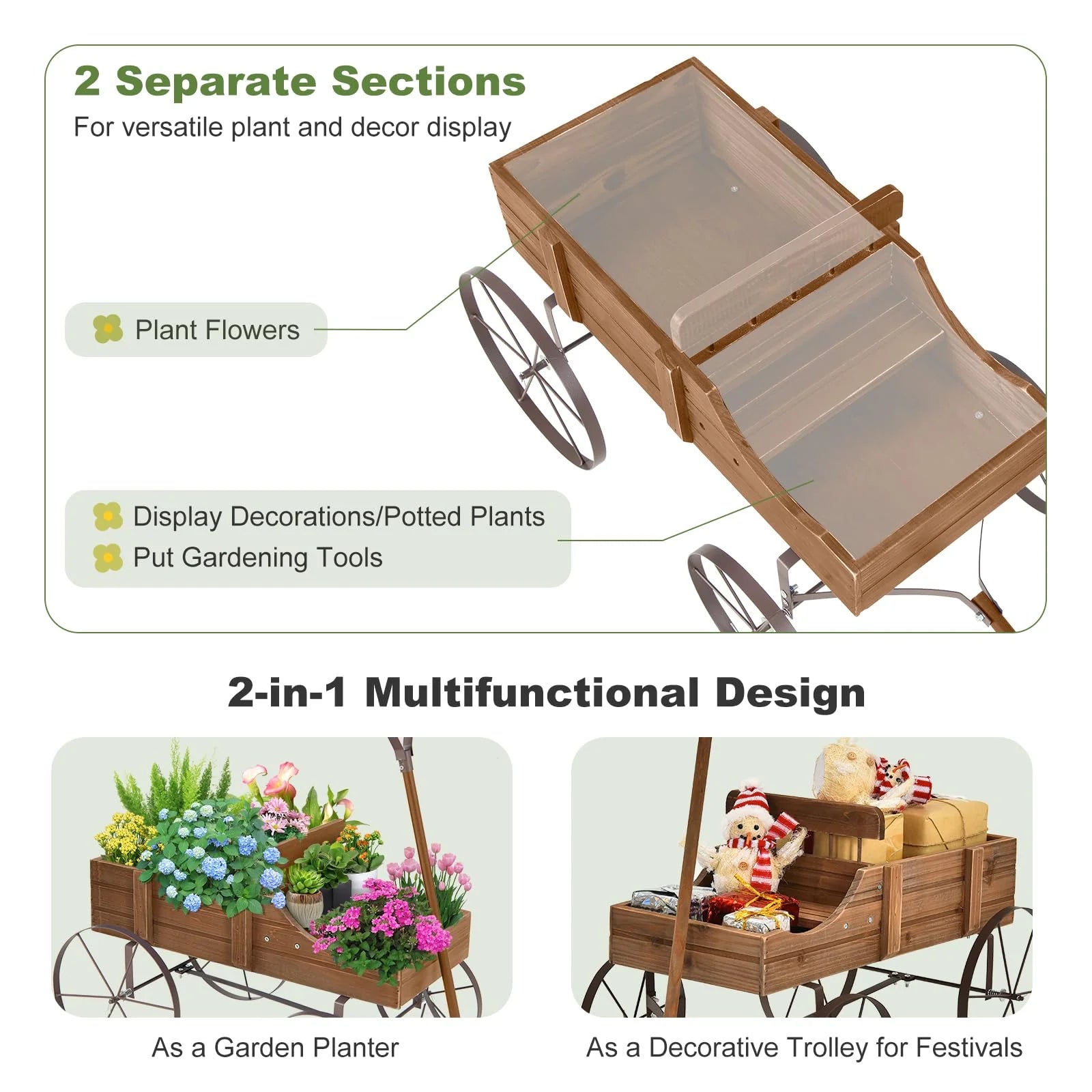 Rustic Wooden Wagon Planter, Decorative Garden Flower Cart with Metal Wheels & Adjustable Handle, Large Raised Bed Plant Stand for Patio Yard