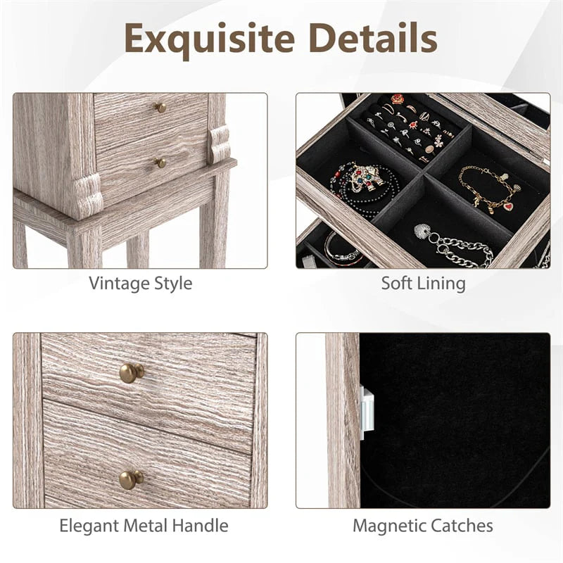 Standing Jewelry Armoire Cabinet with Flip Top Mirror, 5 Drawers & 2 Swing Doors - Product image 8