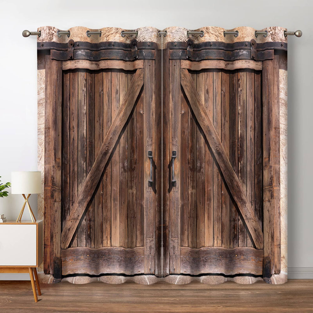 Jekeno Rustic Wood Blackout Curtains Vintage Wooden Barn Door Farmhouse Home Bedroom Living Room Decor Brown Grommet Window Drapes 2 Panel Set, 52