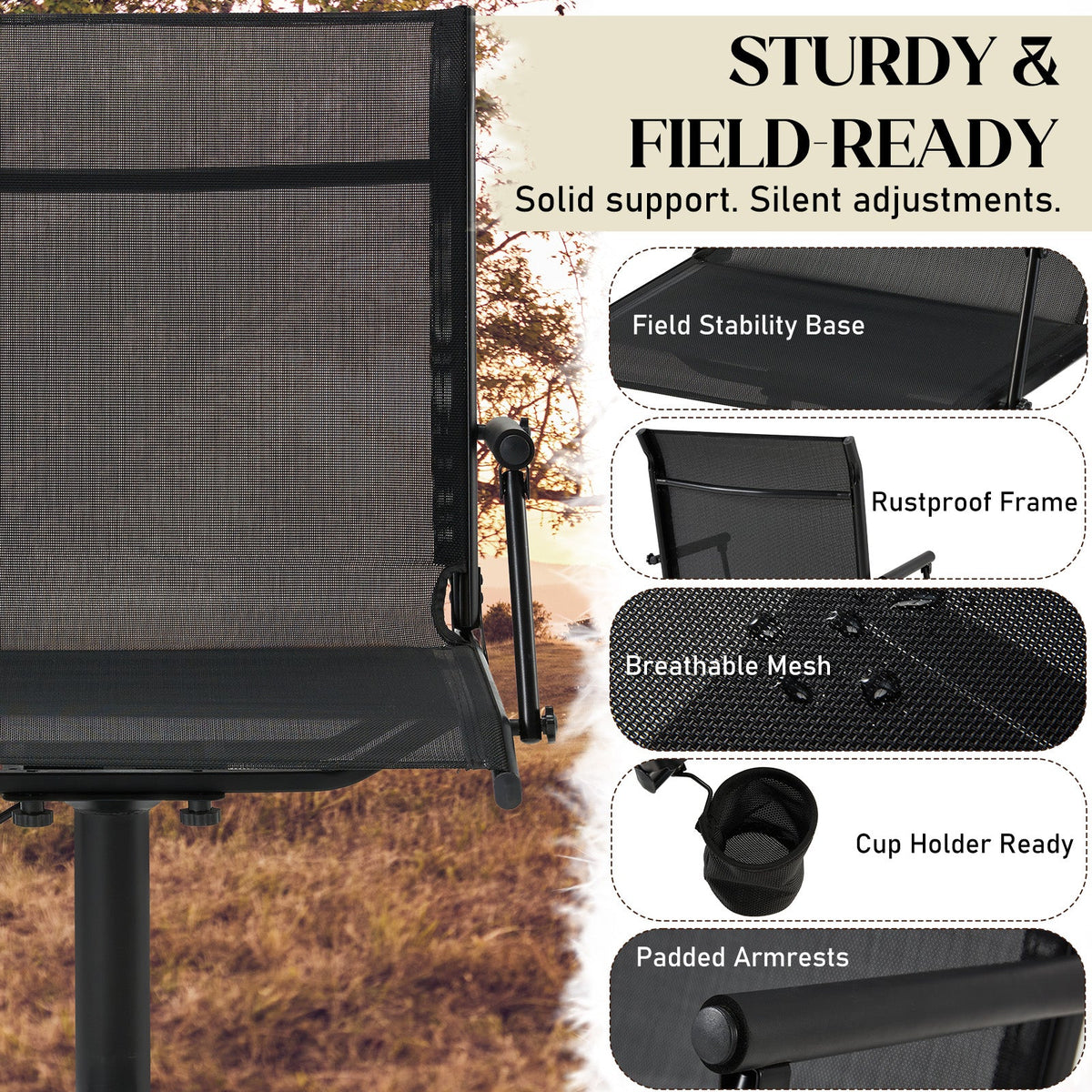 AECOJOY Hunting Swivel Chair, Adjustable Height, Foldable Backrest, Sturdy Frame for Long Hunts - Product image 5
