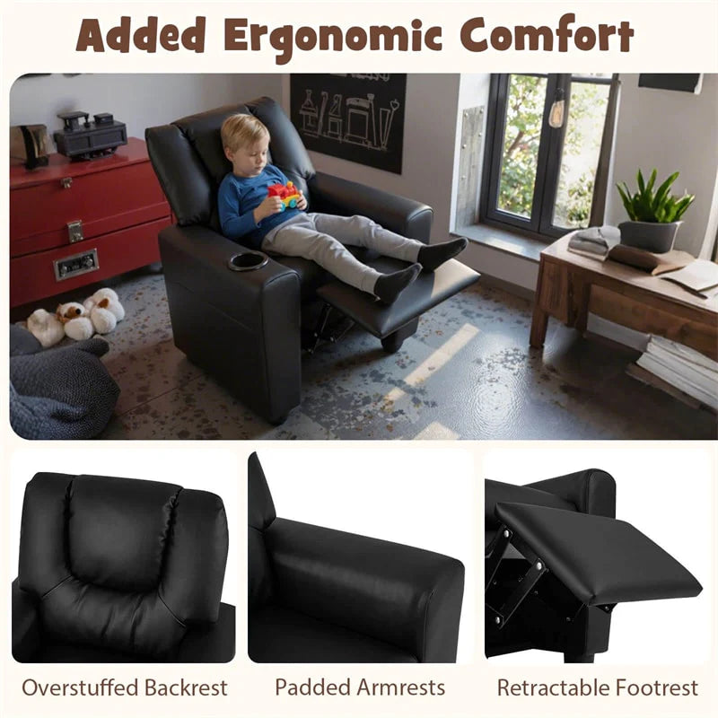 Kids Recliner Chair with Cup Holder & Side Pocket, Adjustable Toddler Lounge Sofa, Ergonomic Children Armchairs for Boys Girls Age 3+, 150lbs