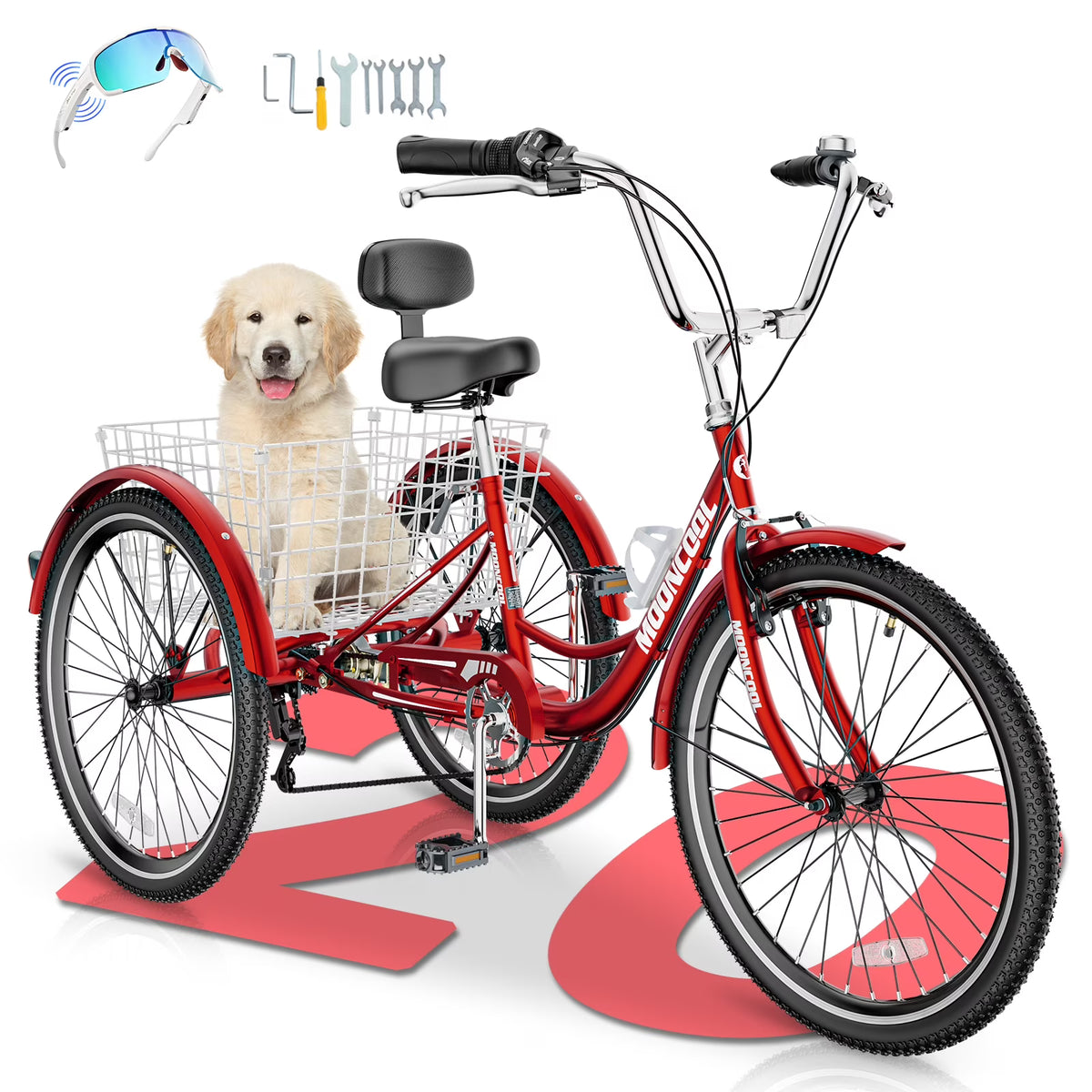 MOONCOOL Adult Tricycles with Rear Basket & Inflator, 24 26 in 7 Speed 3 Wheel Bikes, Three - Product image 35