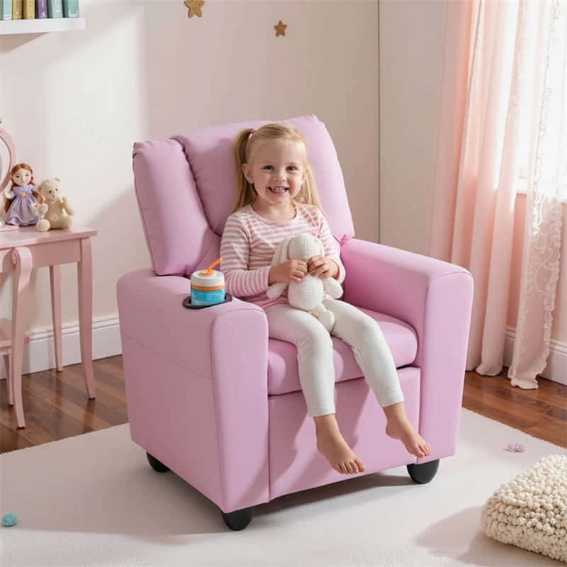 Kids Recliner Chair with Cup Holder & Side Pocket, Adjustable Toddler Lounge Sofa, Ergonomic Children Armchairs for Boys Girls Age 3+, 150lbs